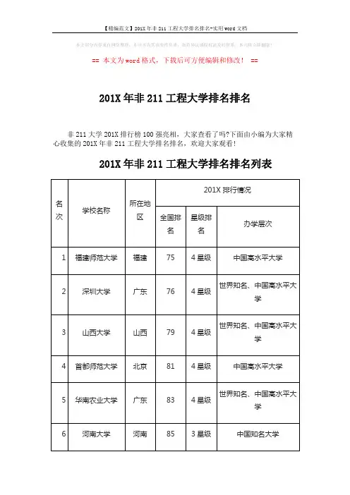 【精编范文】201X年非211工程大学排名排名-实用word文档 (10页)