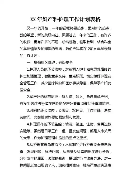 XX年妇产科护理工作计划表格