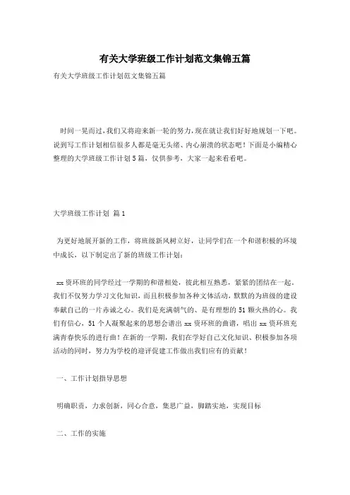 有关大学班级工作计划范文集锦五篇