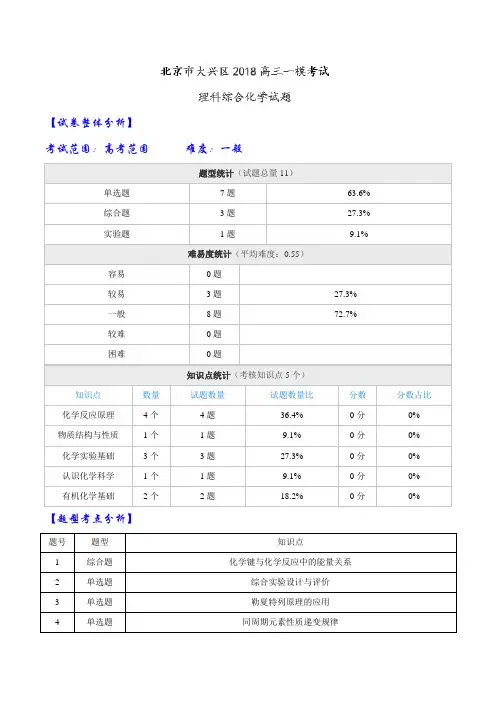 【全国大联考】【北京】北京市大兴区2018高三一模考试理科综合化学试题(解析版)