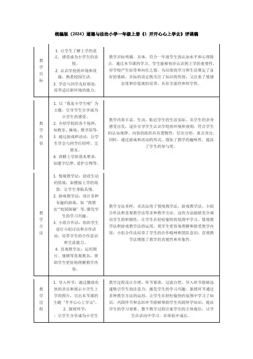 统编版(2024)道德与法治小学一年级上册《1 开开心心上学去》评课稿
