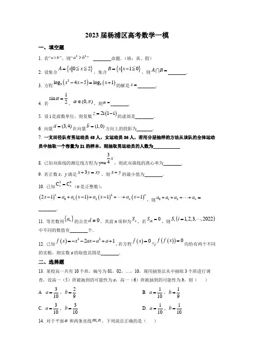 2023届上海市杨浦区高三上学期高考一模数学试卷含详解