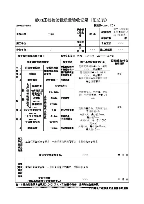 静力压桩检验批质量验收记录(汇总表)(最新版)