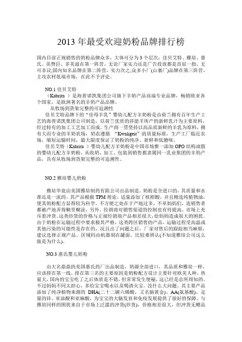 2013年最受欢迎奶粉品牌排行榜