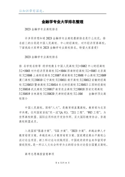 金融学专业大学排名整理
