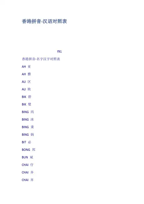 香港拼音汉语对照表