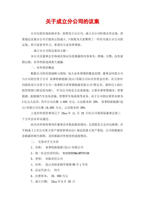 关于成立分公司的议案