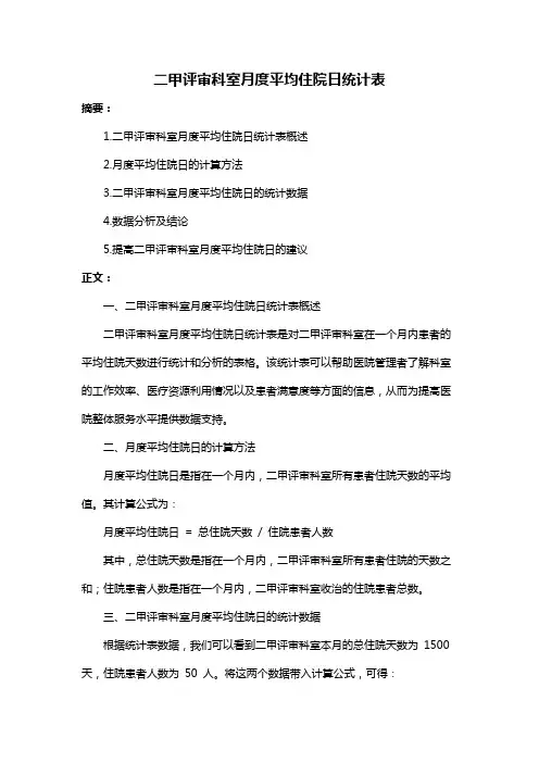 二甲评审科室月度平均住院日统计表