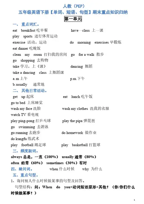 人教(PEP)五年级下册英语素材-单词、短语、句型期末重点知识归纳