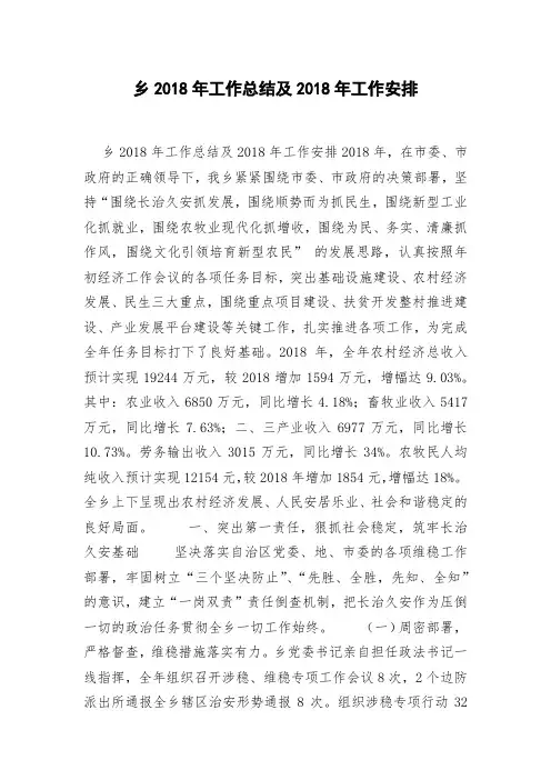 乡2018年工作总结及2018年工作安排