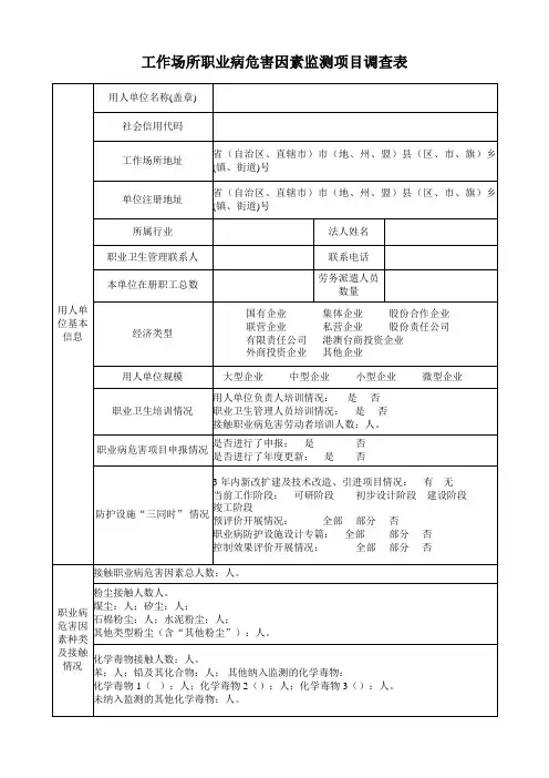 工作场所职业病危害因素监测项目调查表