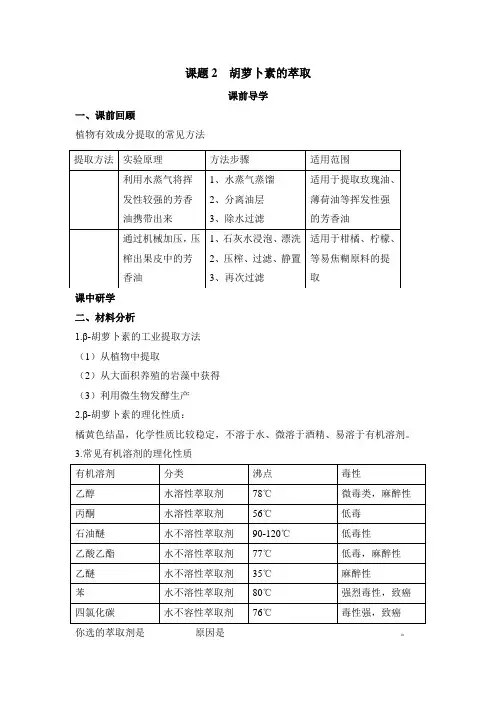 人教版高中生物选修1-6.2《胡萝卜素的提取》名师导学案