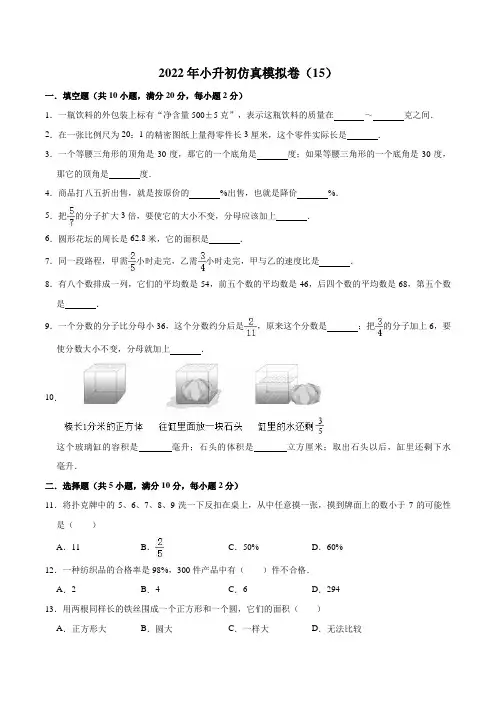 2022年小升初数学模拟试卷15含解析
