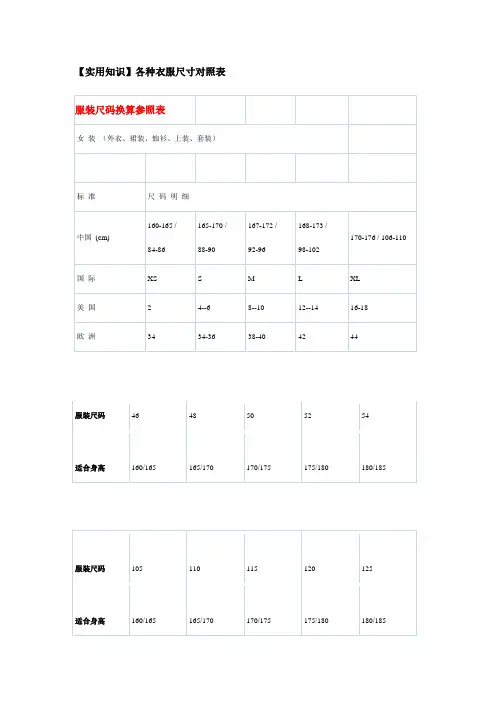 各种衣服尺寸对照表