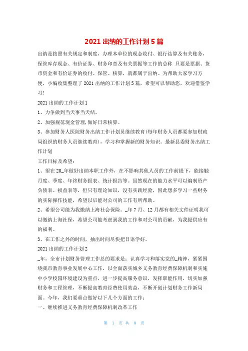 2021出纳的工作计划5篇的