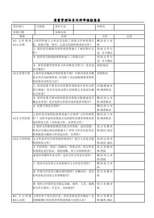 行政部_质量管理体系内部审核检查表