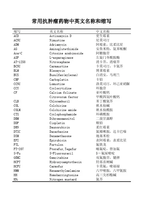 常用抗肿瘤药物中英文名称和缩写