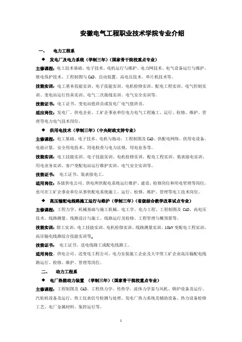 安徽电气工程职业技术学院专业介绍