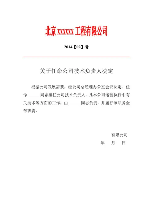 法人、技术负责人、财务负责人任命书