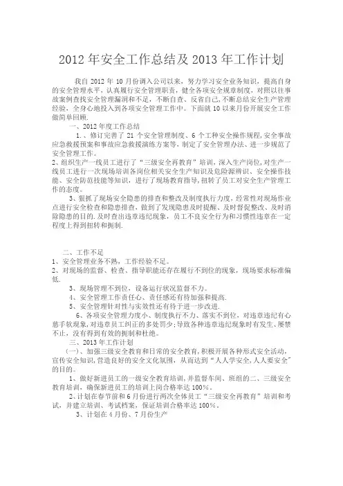 2012年安全工作总结及2013年工作计划