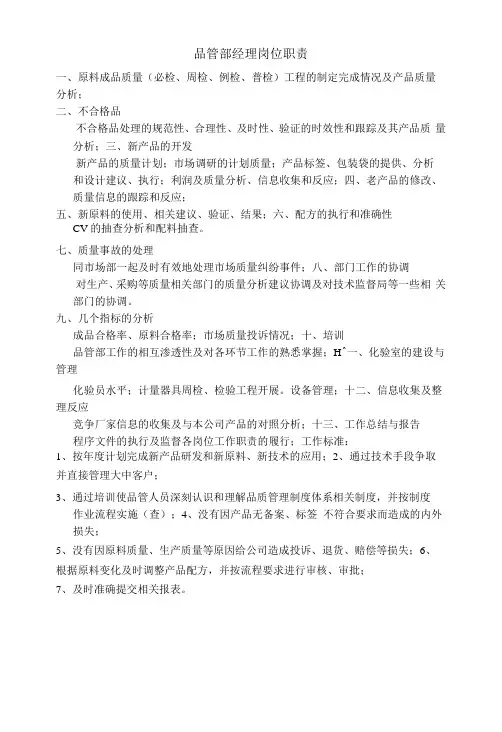 品管部岗位职责及工作标准