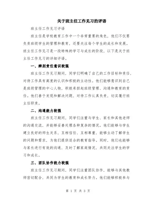 关于班主任工作见习的评语