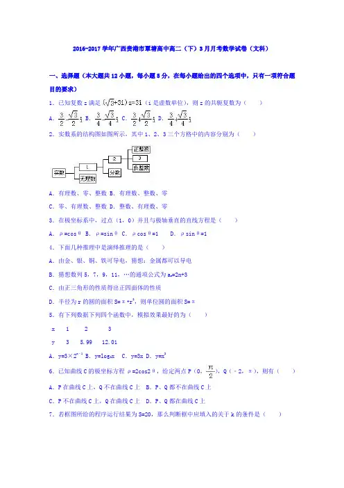 广西贵港市覃塘高中2016-2017学年高二下学期3月月考数学试卷(文科)Word版含解析