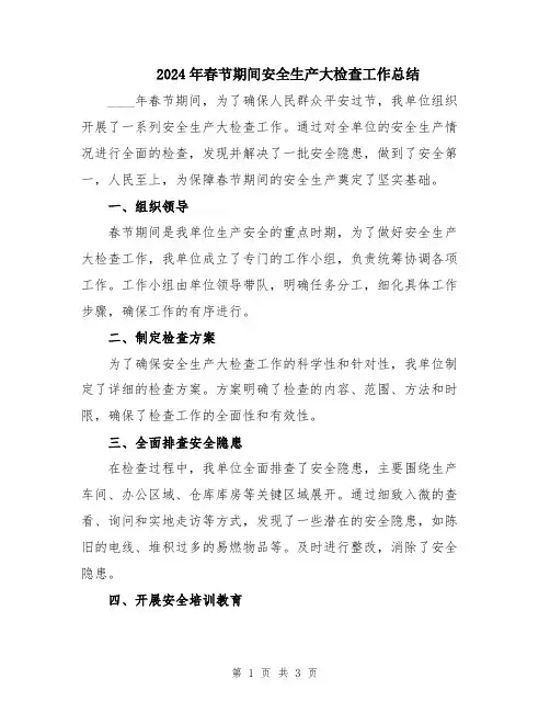 2024年春节期间安全生产大检查工作总结
