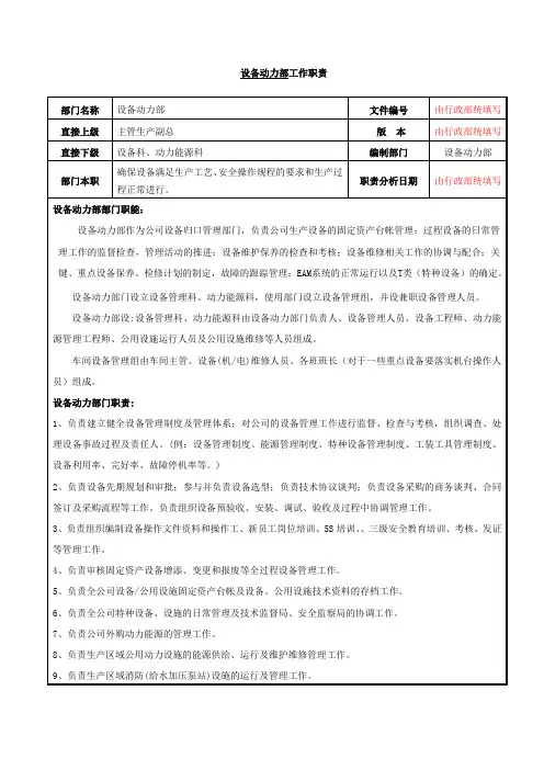 设备动力部职责及岗位说明书