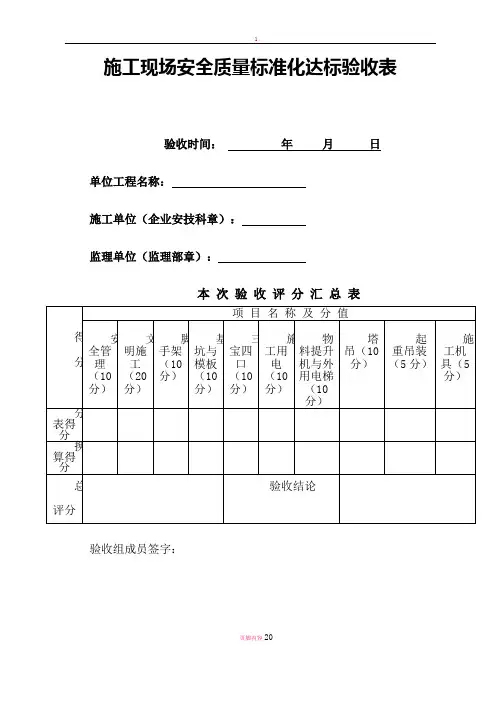 施工现场安全质量标准化达标验收表