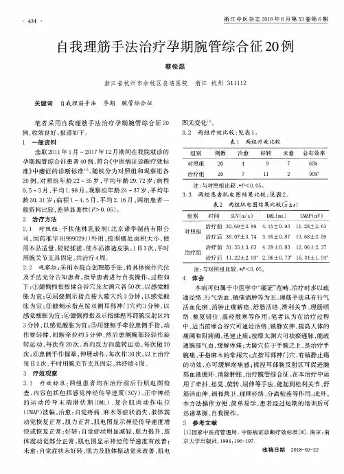 自我理筋手法治疗孕期腕管综合征20例