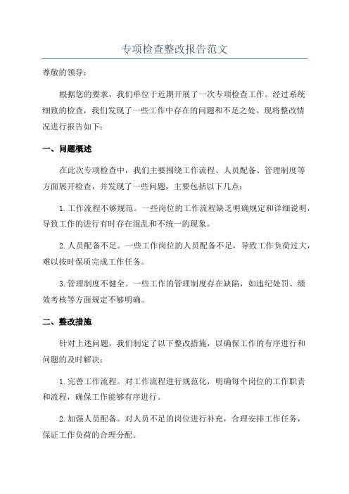 专项检查整改报告范文