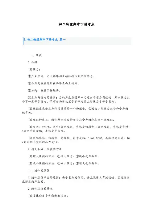 初二物理期中下册考点