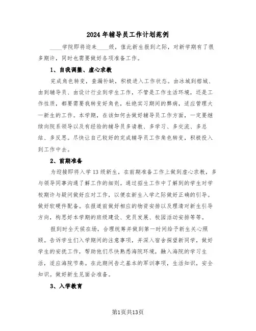 2024年辅导员工作计划范例（三篇）