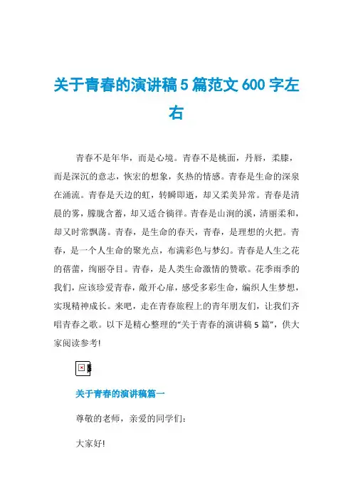 关于青春的演讲稿5篇范文600字左右