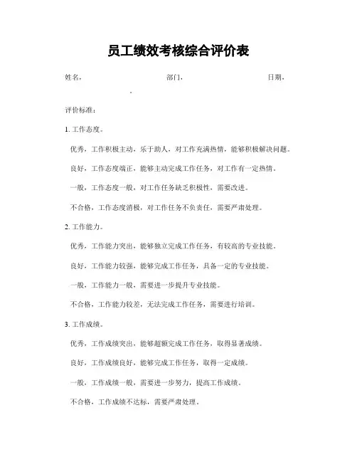 员工绩效考核综合评价表