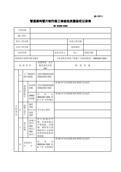 管道盾构管片制作施工检验批质量验收记录表
