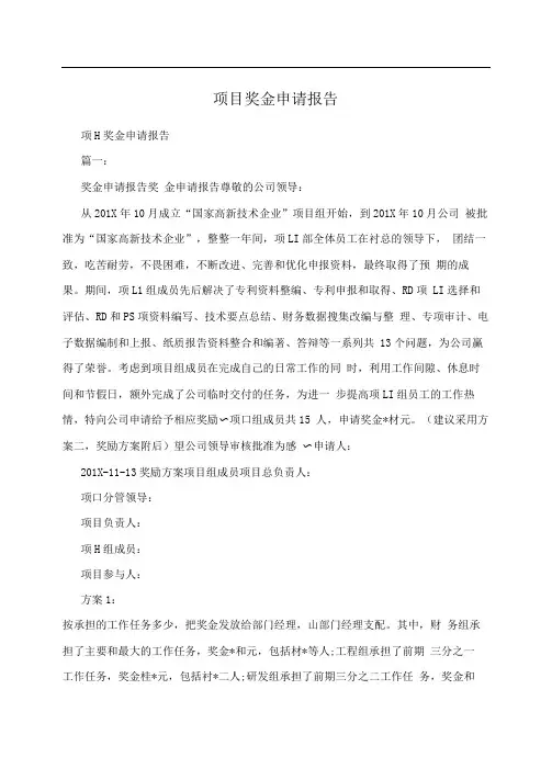 项目奖金申请报告