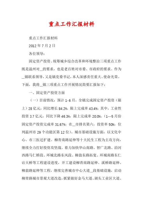 重点工作汇报材料
