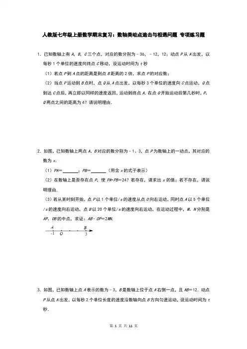 人教版七年级上册数学期末复习：数轴类动点追击与相遇问题 专项练习题(含答案)