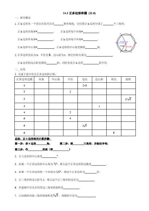 24.3正多边形和圆同步练习2024-2025学年人教版数学九年级上册