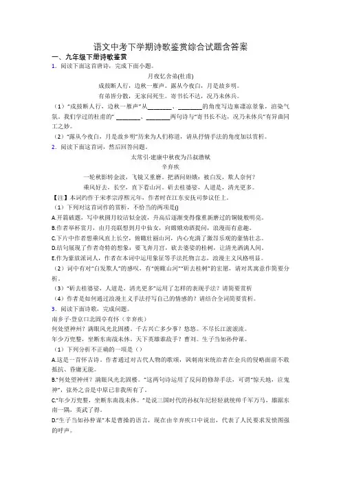 语文中考下学期诗歌鉴赏综合试题含答案