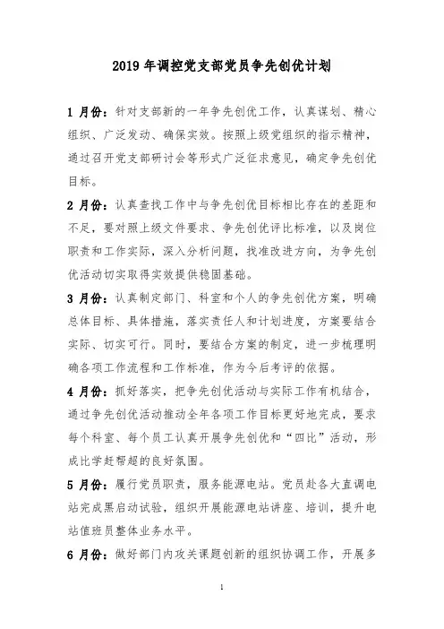 2019年电力党支部党员争先创优计划