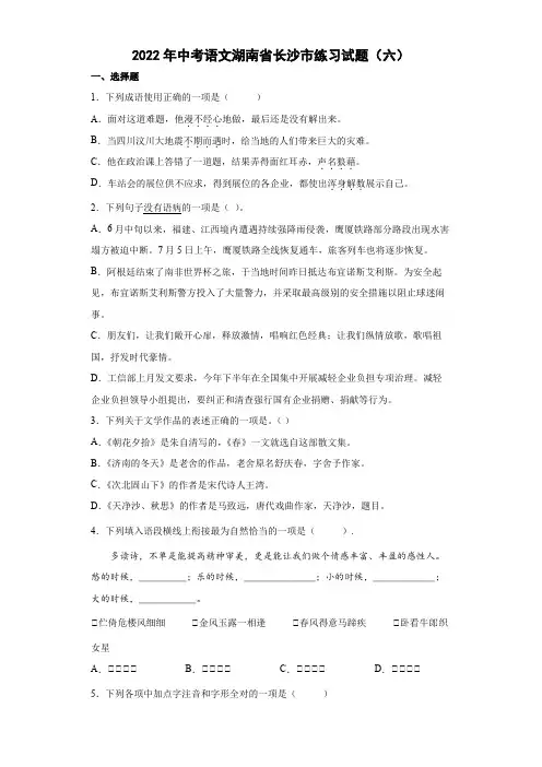 2022年中考语文湖南省长沙市练习试题(六)(含答案)