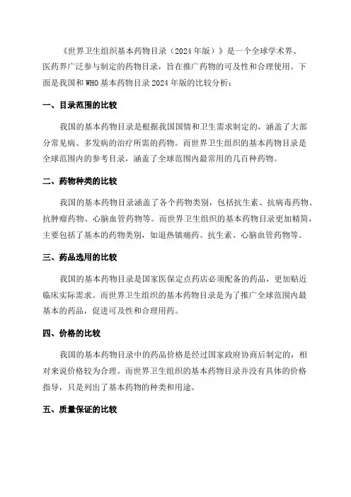 我国和WHO基本药物目录2024年版比较分析