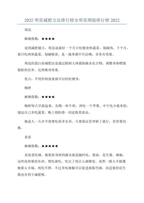2022明星减肥方法排行榜女明星颜值排行榜2022