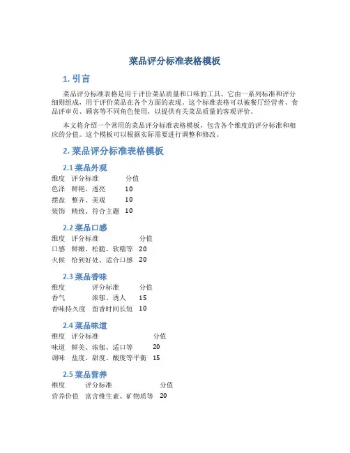 菜品评分标准表格模板