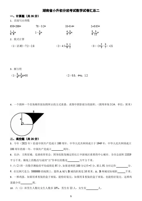 湖南省小升初分班考试数学试卷汇总二(含答案)