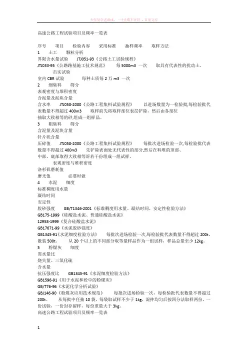 高速公路工程试验项目及频率一览表