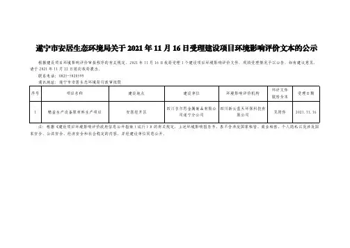 遂宁市安居生态环境局关于 2021 年 11 月 16 日受理建设项目环境影响评价文本的公示